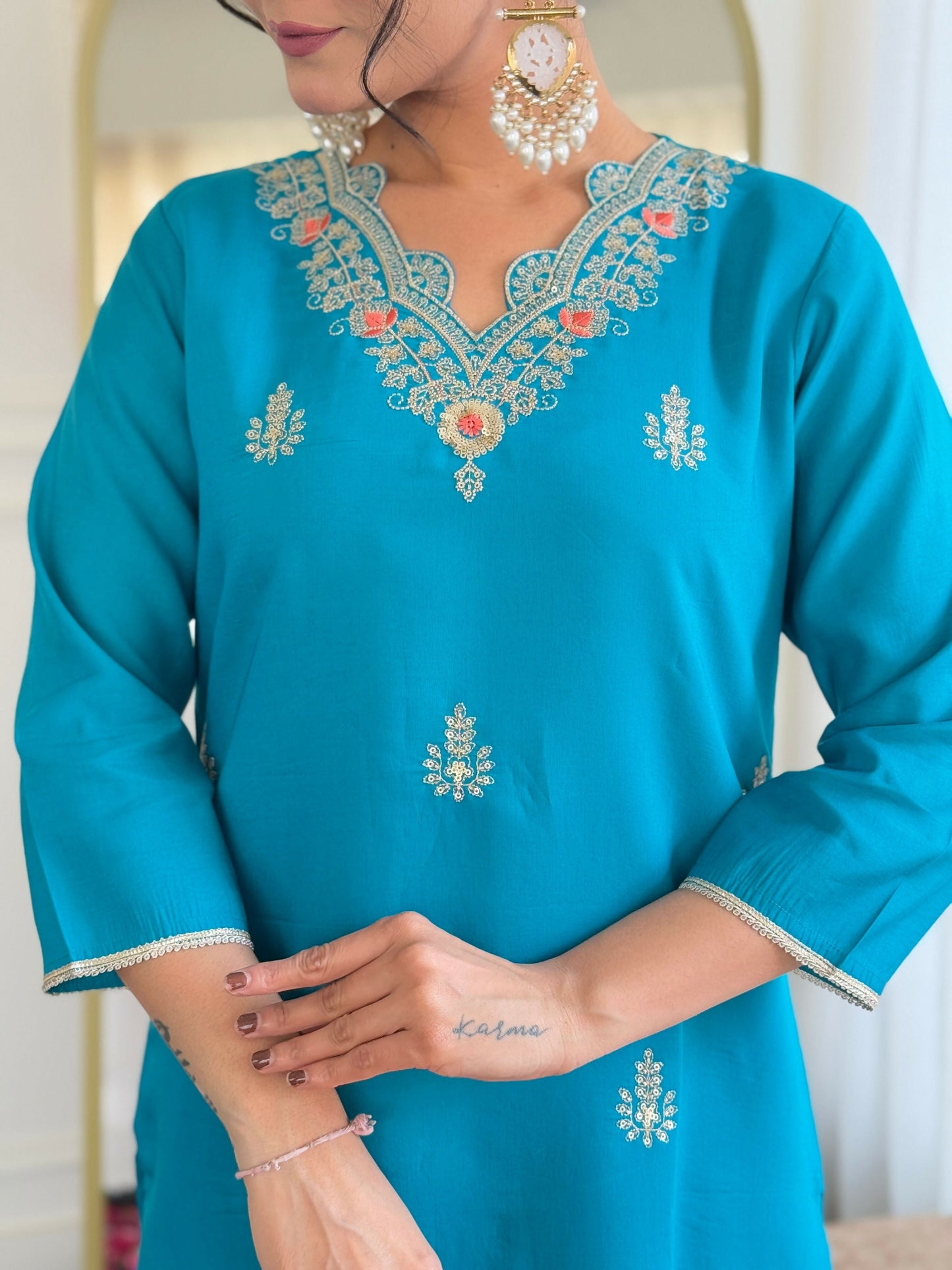 The52 Blue Women's Gorgeous Viscose Fabric Embroidered Work Straight Kurta, Pant and Dupatta Set - Swadesiicart