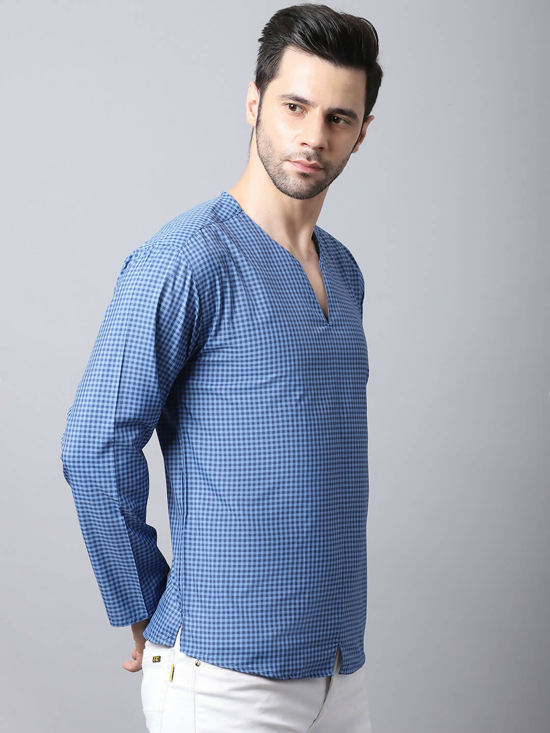 Even Apparels Blue Checked Men's Kurta With Band Collar | Swadesiicart
