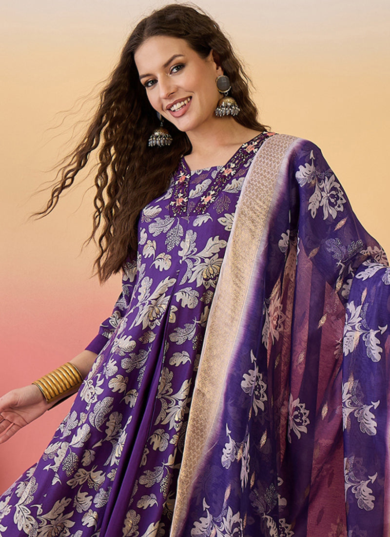 Vegaa Fashion Violet Roman Silk Embroidered Palazzo Suit - Swadesiicart