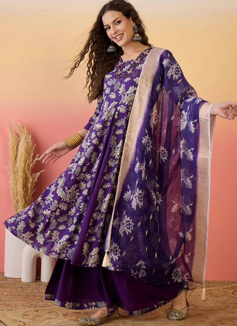 Vegaa Fashion Violet Roman Silk Embroidered Palazzo Suit - Swadesiicart