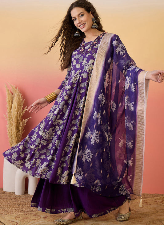 Vegaa Fashion Violet Roman Silk Embroidered Palazzo Suit - Swadesiicart