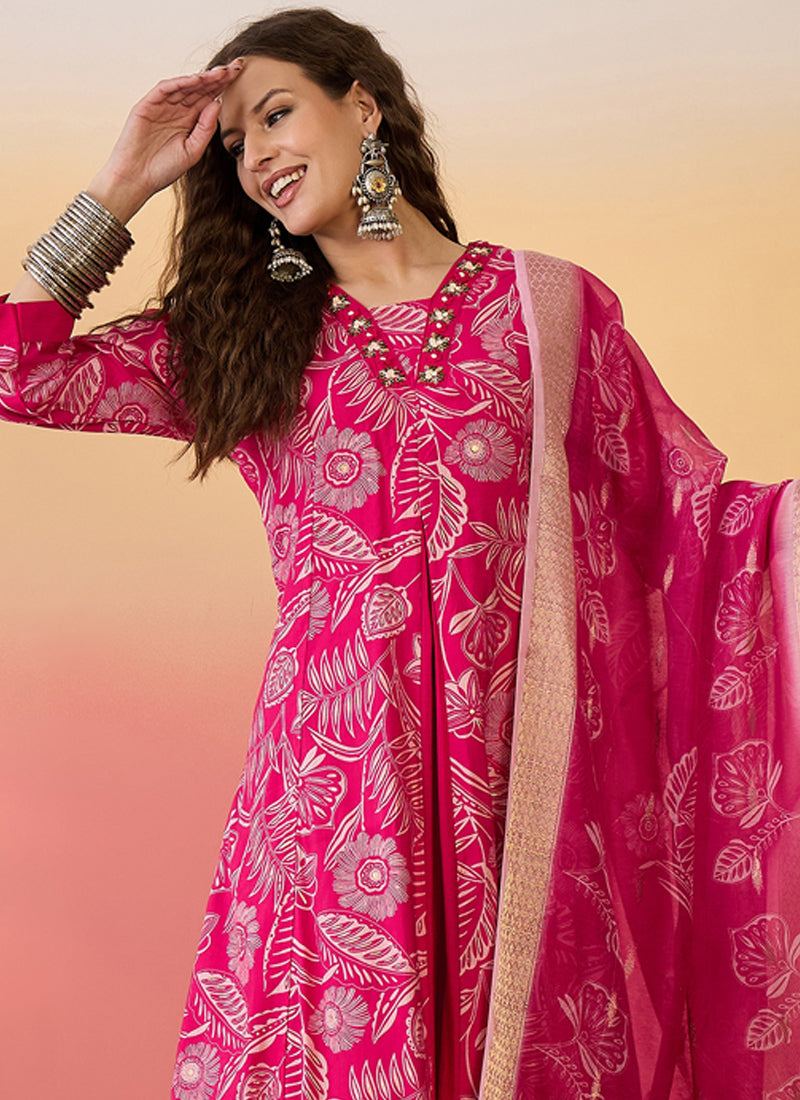 Vegaa Fashion Rani Pink Roman Silk Embroidered Palazzo Suit - Swadesiicart