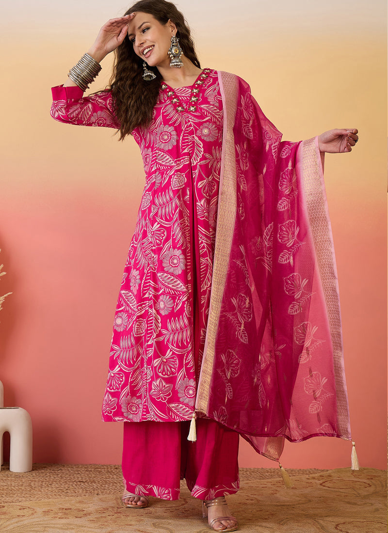 Vegaa Fashion Rani Pink Roman Silk Embroidered Palazzo Suit - Swadesiicart