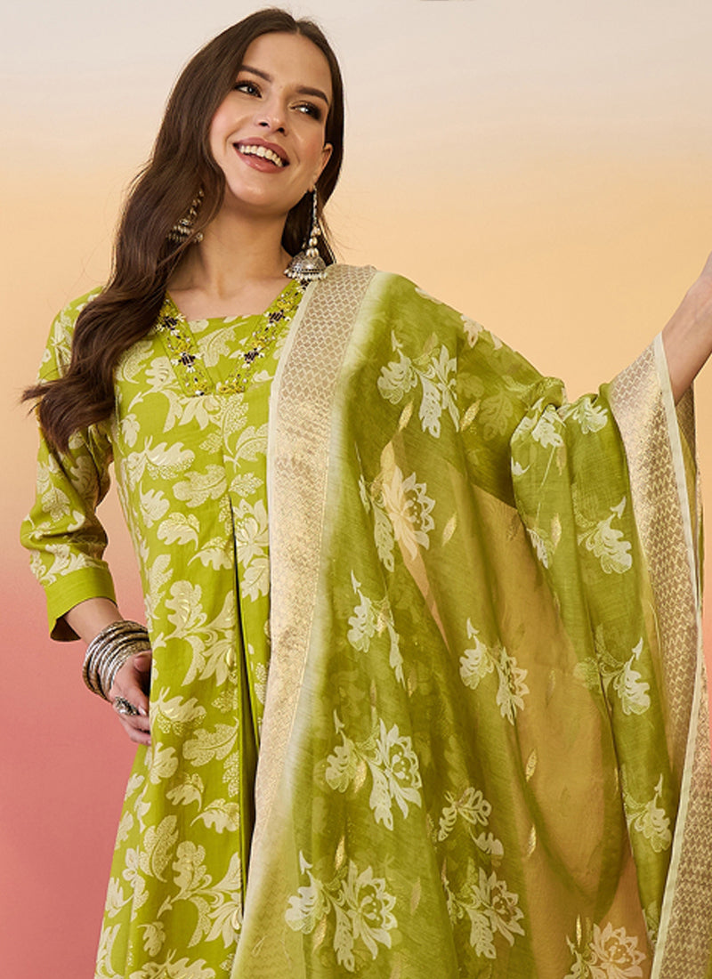 Vegaa Fashion Parrot Green Roman Silk Embroidered Palazzo Suit - Swadesiicart