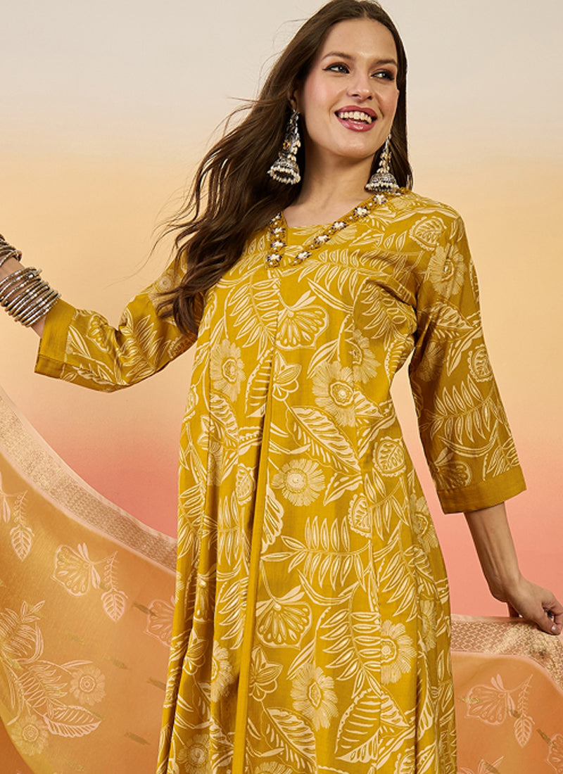 Vegaa Fashion Yellow Roman Silk Embroidered Palazzo Suit - Swadesiicart