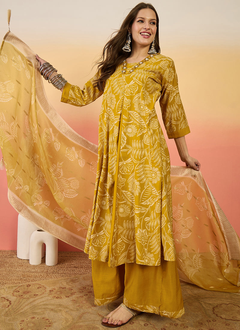 Vegaa Fashion Yellow Roman Silk Embroidered Palazzo Suit - Swadesiicart