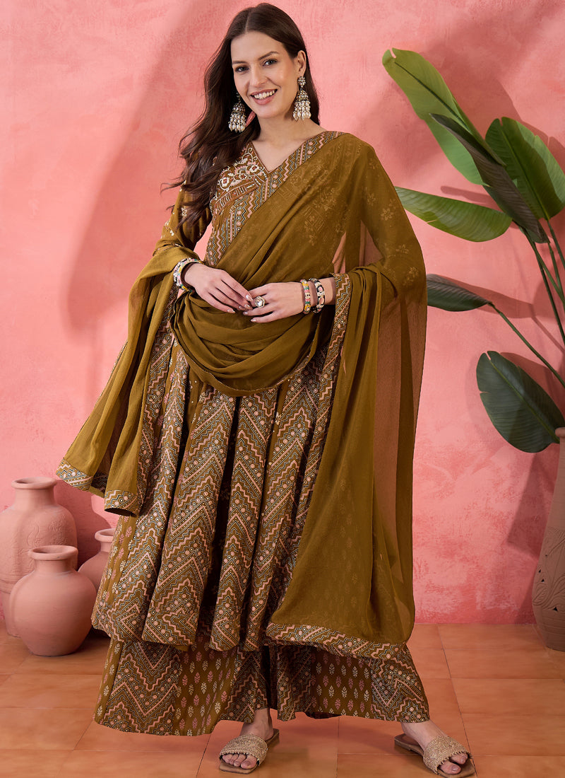 Vegaa Fashion Mustard Roman Silk Embroidered Palazzo Suit - Swadesiicart