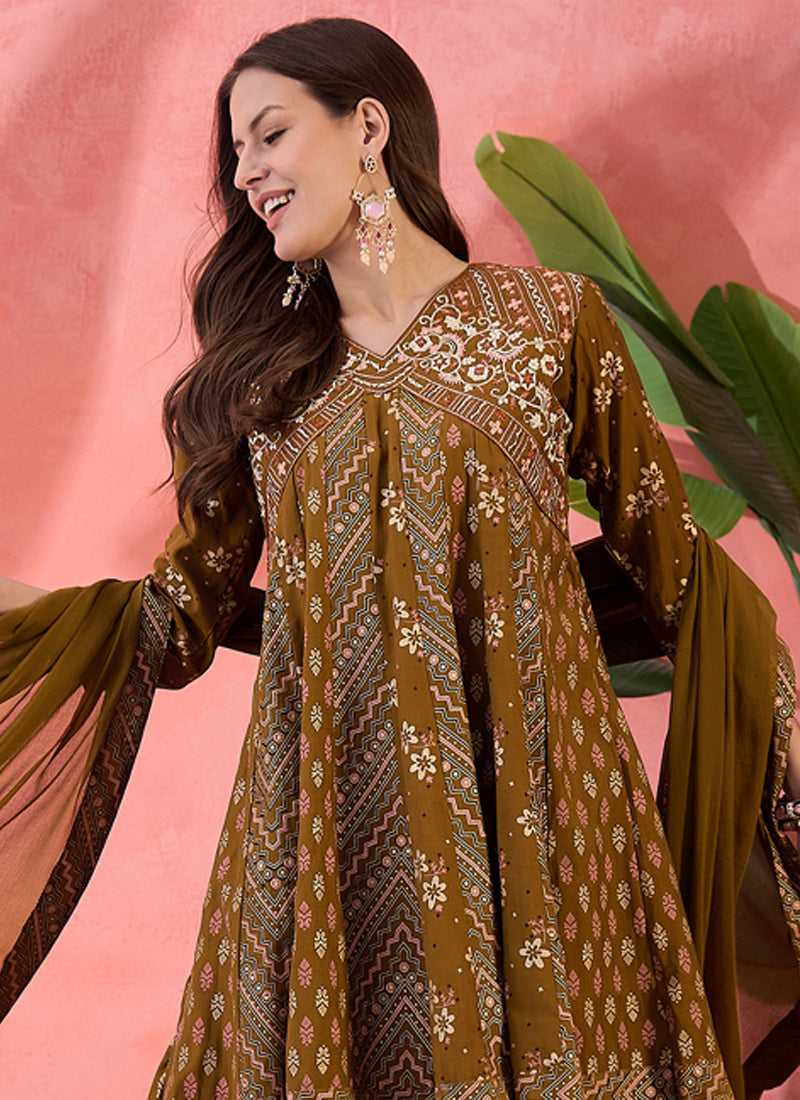 Vegaa Fashion Mustard Roman Silk Embroidered Palazzo Suit - Swadesiicart