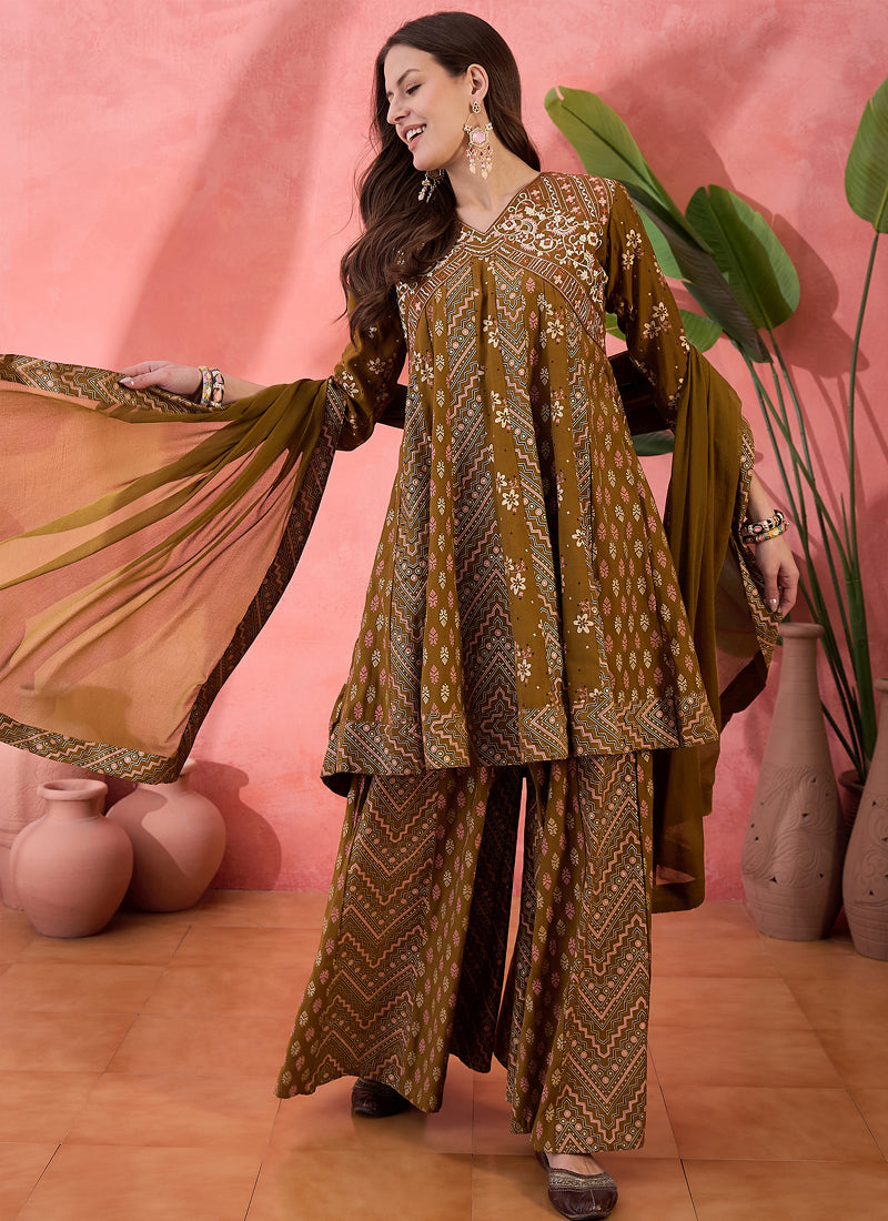 Vegaa Fashion Mustard Roman Silk Embroidered Palazzo Suit - Swadesiicart