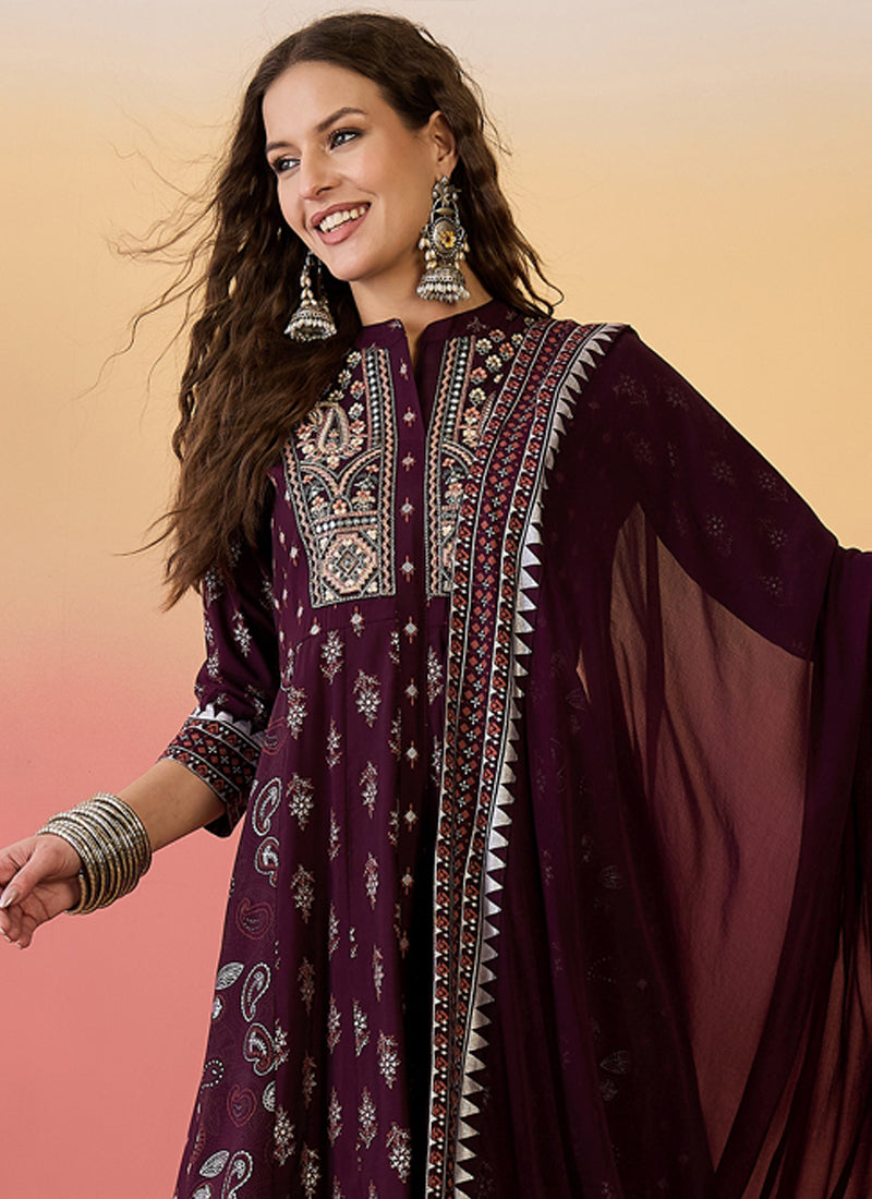 Vegaa Fashion Wine Roman Silk Embroidered Palazzo Suit - Swadesiicart