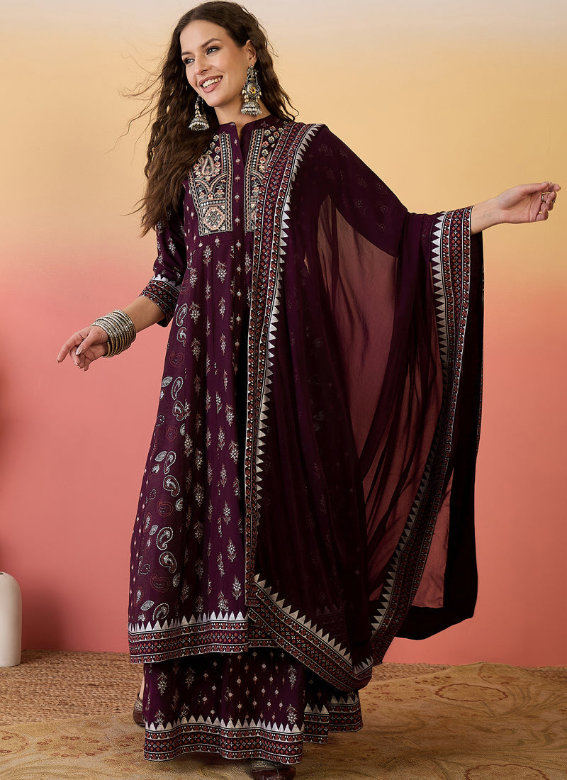 Vegaa Fashion Wine Roman Silk Embroidered Palazzo Suit - Swadesiicart