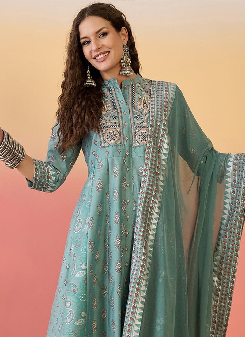 Vegaa Fashion Light Teal Green Roman Silk Embroidered Palazzo Suit - Swadesiicart