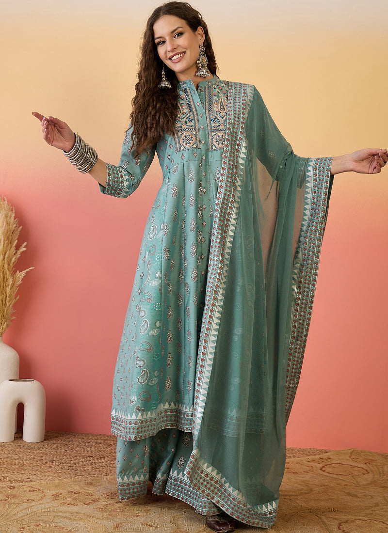Vegaa Fashion Light Teal Green Roman Silk Embroidered Palazzo Suit - Swadesiicart