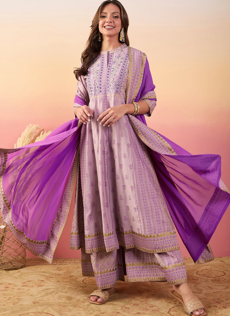 Vegaa Fashion Baby Pink Roman Silk Embroidered Palazzo Suit - Swadesiicart