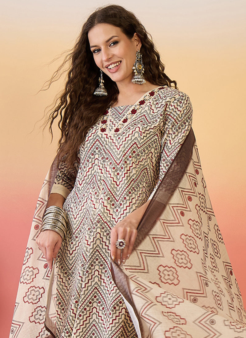 Vegaa Fashion Cream Roman Silk Embroidered Palazzo Suit - Swadesiicart