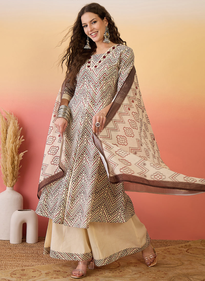 Vegaa Fashion Cream Roman Silk Embroidered Palazzo Suit - Swadesiicart
