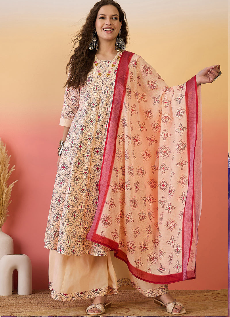 Vegaa Fashion Cream Roman Silk Embroidered Palazzo Suit - Swadesiicart