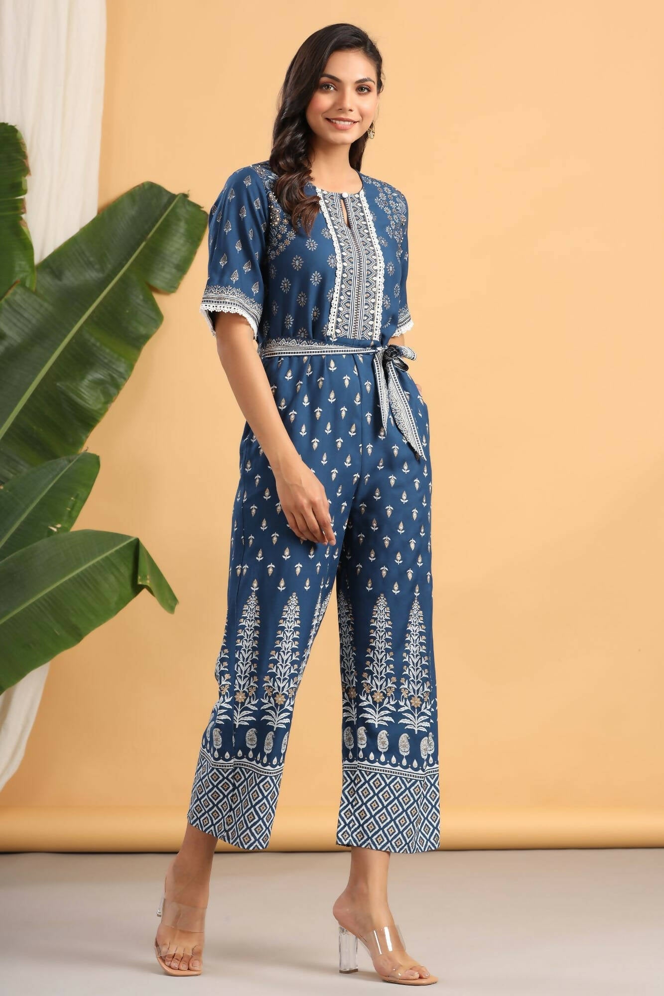 Juniper Women Indigo Rayon Printed Straight Jumpsuit - Swadesiicart