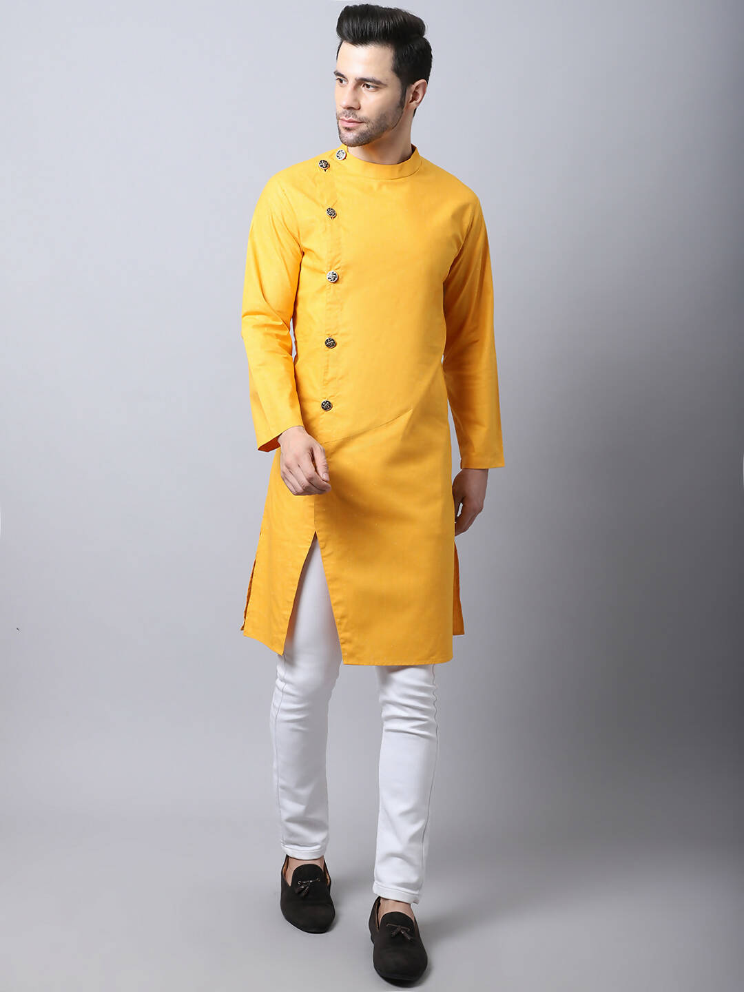 Even Apparels Yellow Pure Cotton Sherwani Kurta With Asymetrical Cut | Swadesiicart