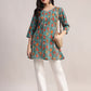 Aavyora Women's Teal Green Cotton A-Line Tunic with Red Floral Print and All-Over Pintuck Details