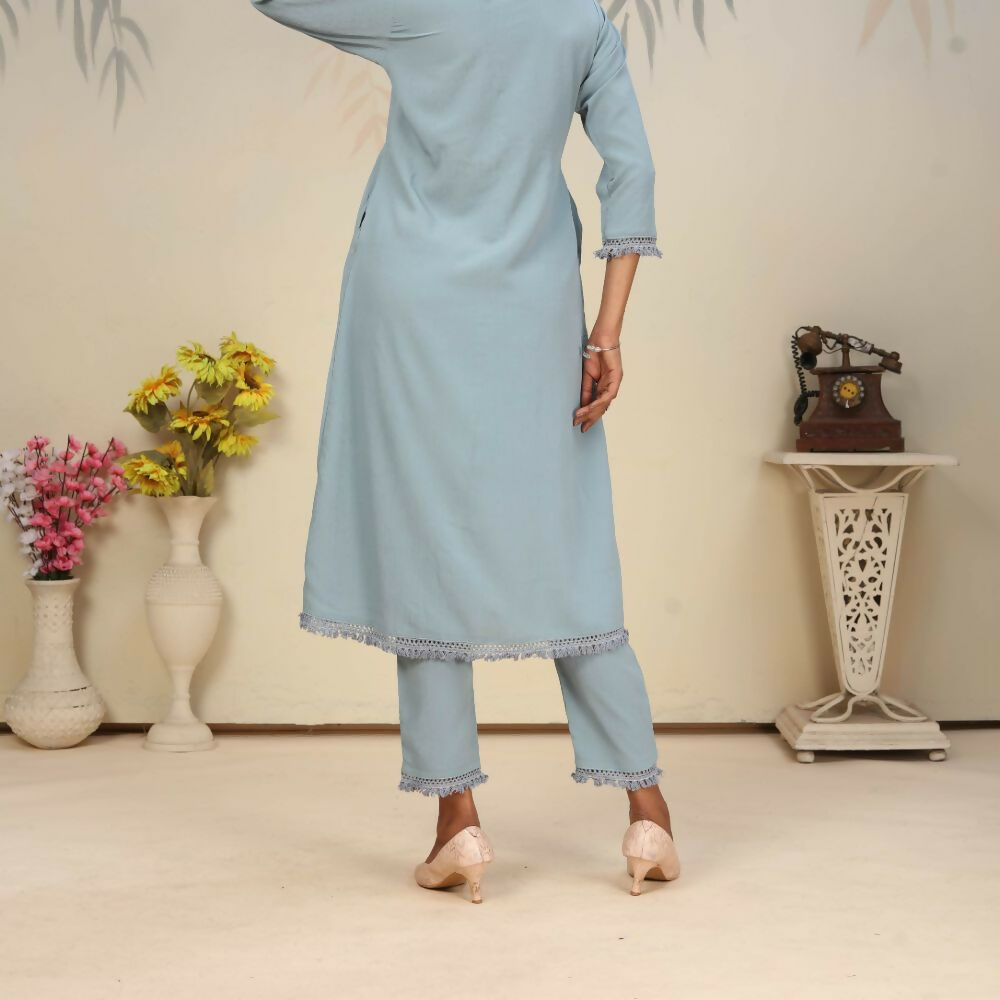 Jyoti Fashion Women's Sky Blue Rinkal Cotton Plain with Side Pocket Kurtis & Sets | Swadesiicart