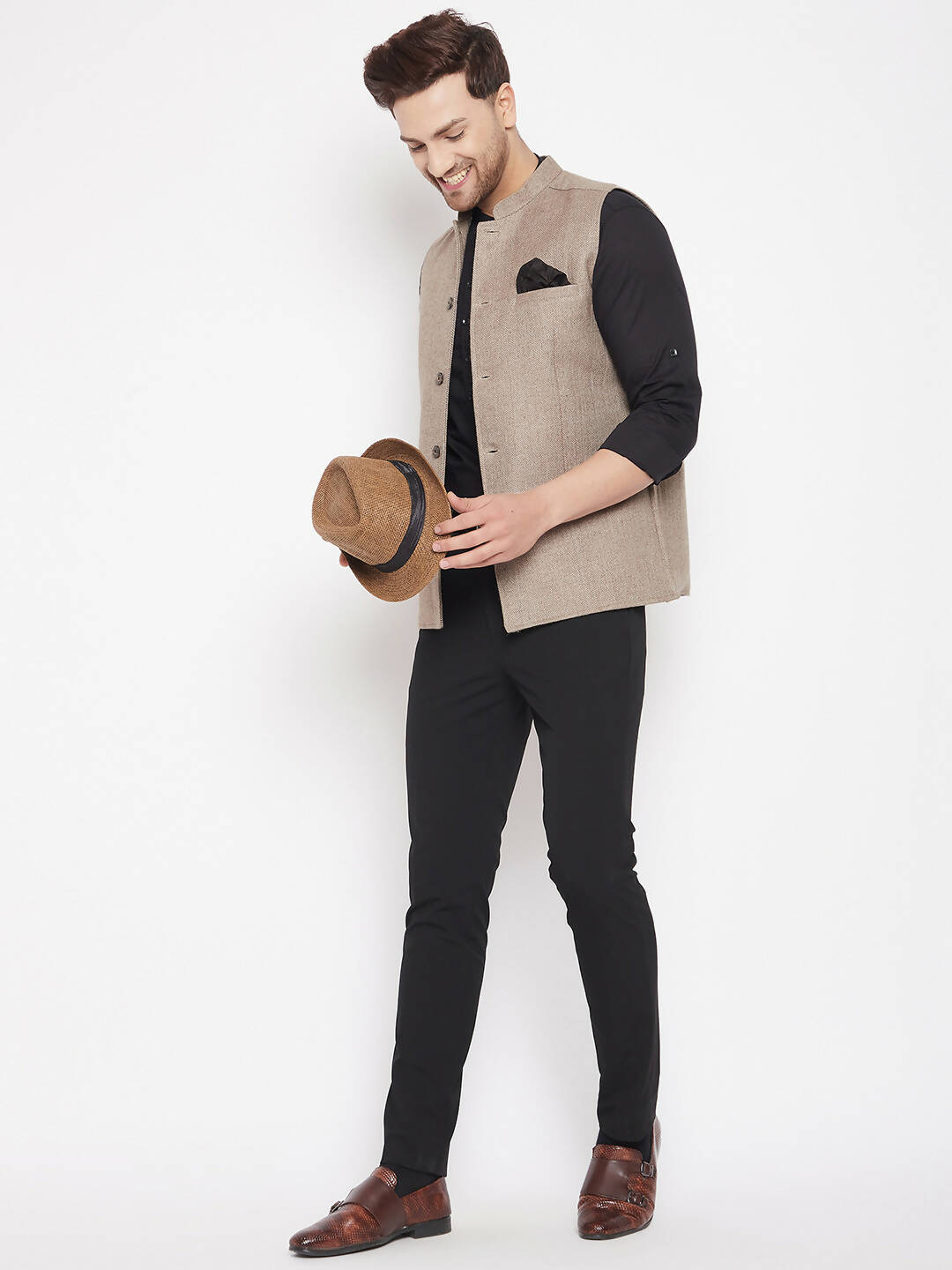Even Apparels Beige Wool Men Woven Nehru Jacket | Swadesiicart
