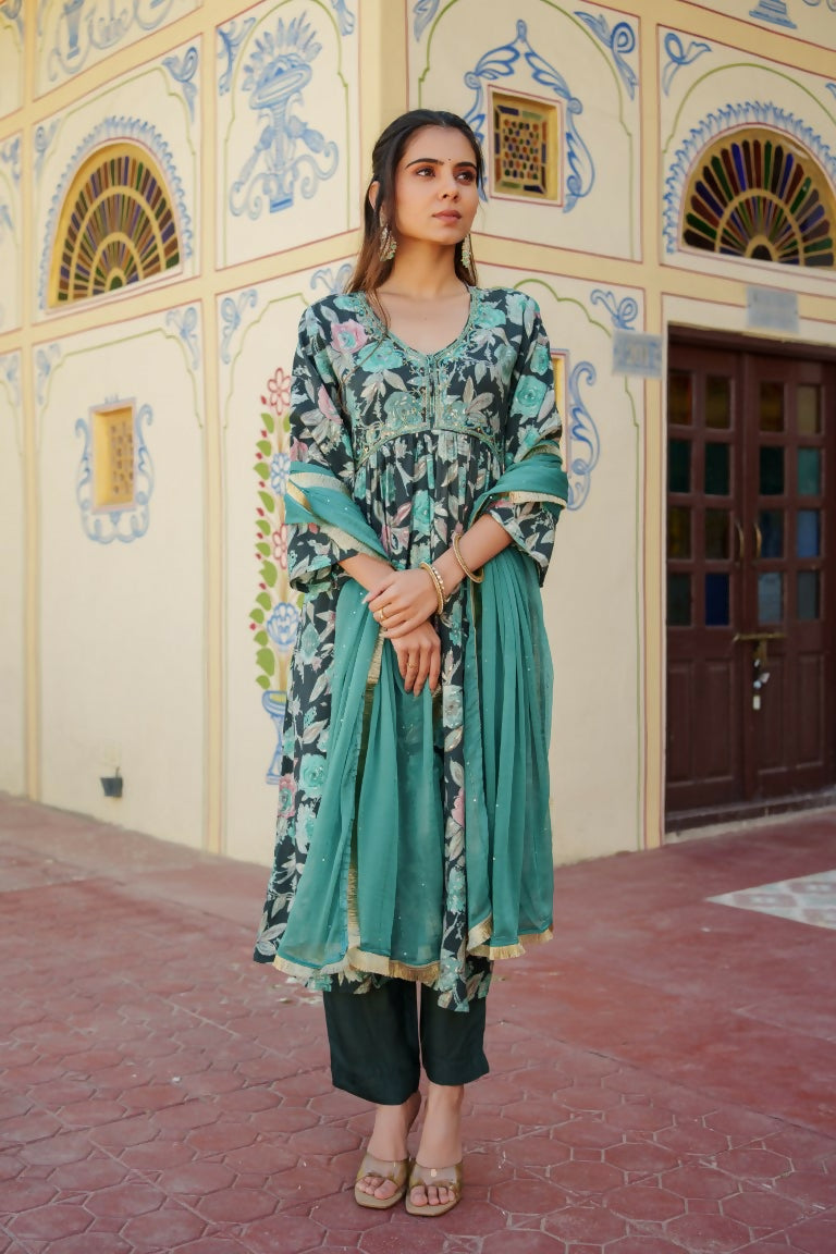 Vaasva Women Teal Muslin Embroidered Kurta, Pant & Dupatta Set | Swadesiicart