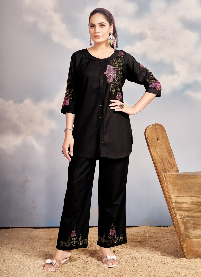 Prazu Fashion Black Rayon Multi Embroidery Thread Work Co-Ords Set - Swadesiicart