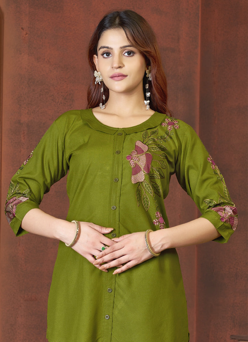 Prazu Fashion Mahendi Rayon Multi Embroidery Thread Work Co-Ords Set - Swadesiicart