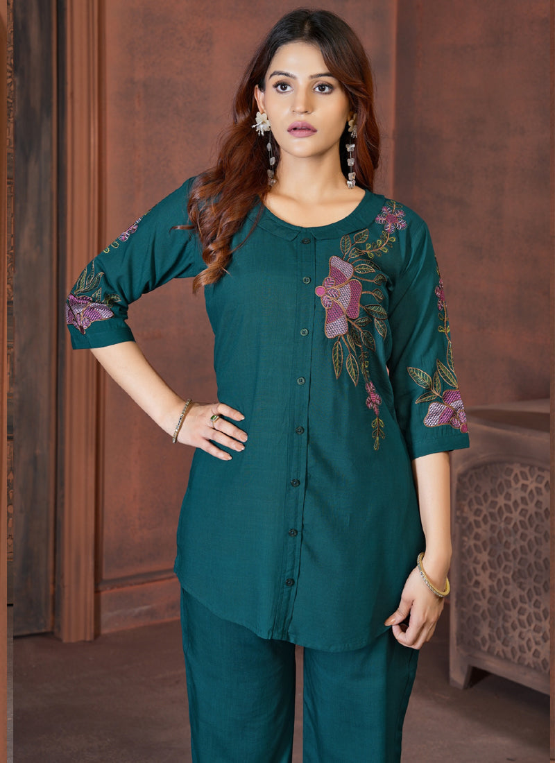 Prazu Fashion Rama Rayon Multi Embroidery Thread Work Co-Ords Set - Swadesiicart