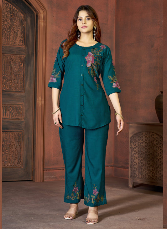 Prazu Fashion Rama Rayon Multi Embroidery Thread Work Co-Ords Set - Swadesiicart