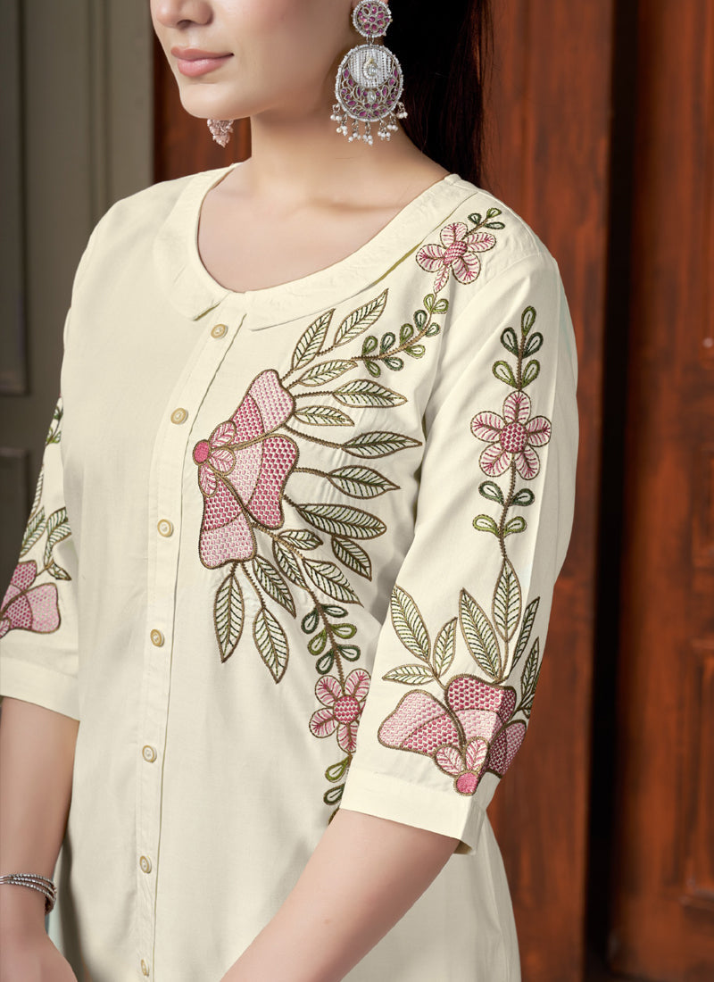 Prazu Fashion Off White Rayon Multi Embroidery Thread Work Co-Ords Set - Swadesiicart