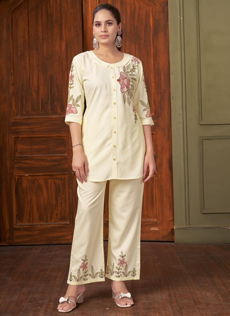 Prazu Fashion Off White Rayon Multi Embroidery Thread Work Co-Ords Set - Swadesiicart