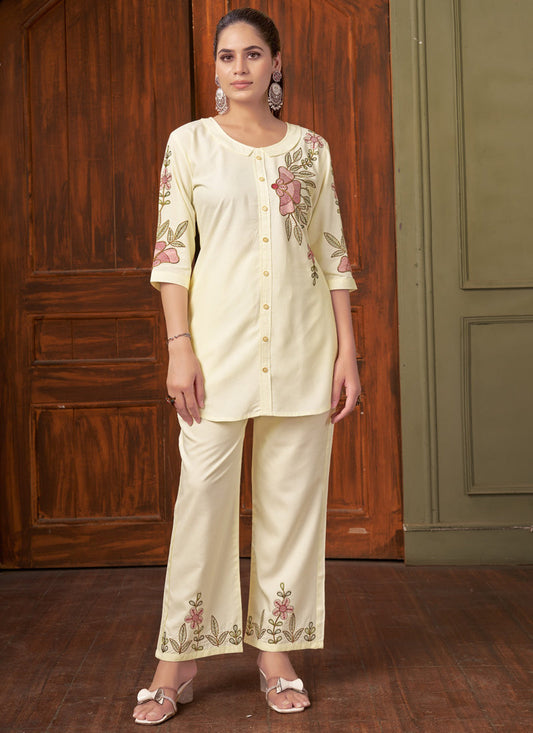 Prazu Fashion Off White Rayon Multi Embroidery Thread Work Co-Ords Set - Swadesiicart