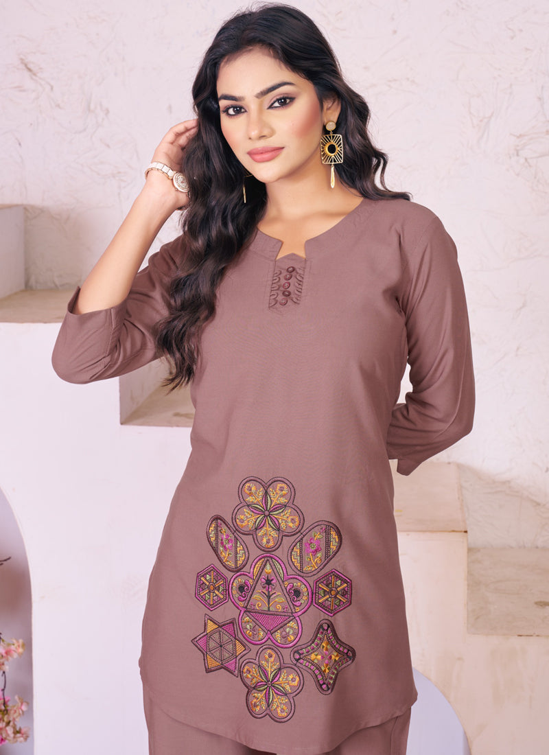 Prazu Fashion Onion Pink Rayon Multi Embroidery Thread Work Co-Ords Set - Swadesiicart