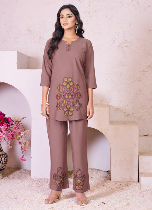 Prazu Fashion Onion Pink Rayon Multi Embroidery Thread Work Co-Ords Set - Swadesiicart