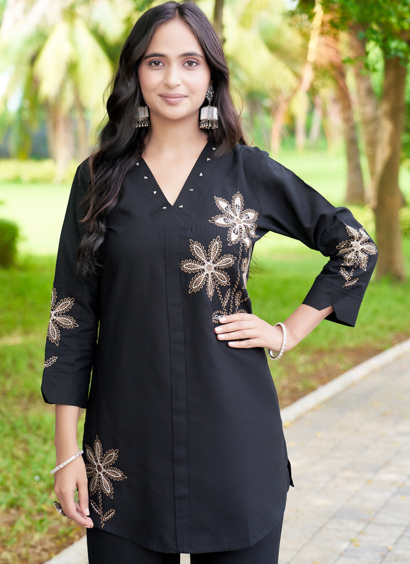 Prazu Fashion Black Rayon Multi Embroidery Thread Work Co-Ords Set - Swadesiicart