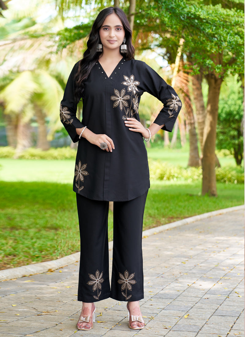 Prazu Fashion Black Rayon Multi Embroidery Thread Work Co-Ords Set - Swadesiicart