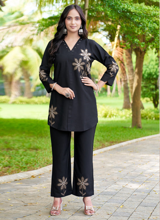 Prazu Fashion Black Rayon Multi Embroidery Thread Work Co-Ords Set - Swadesiicart