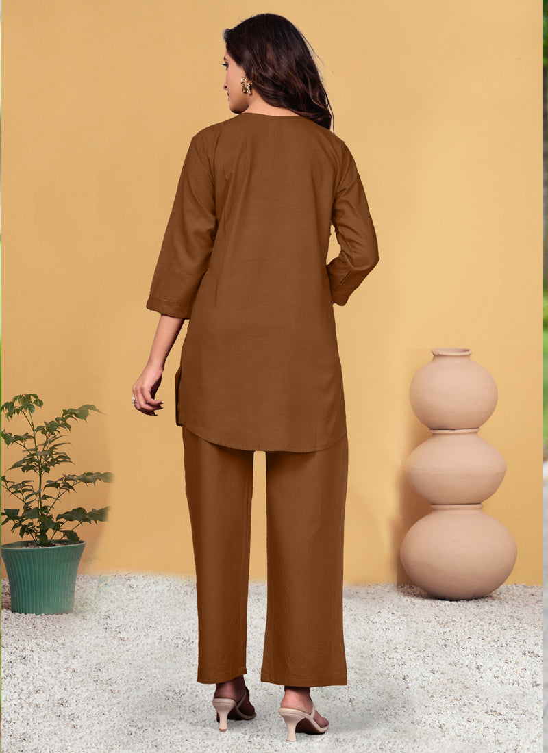 Prazu Fashion Brown Pink Rayon Multi Embroidery Thread Work Co-Ords Set - Swadesiicart