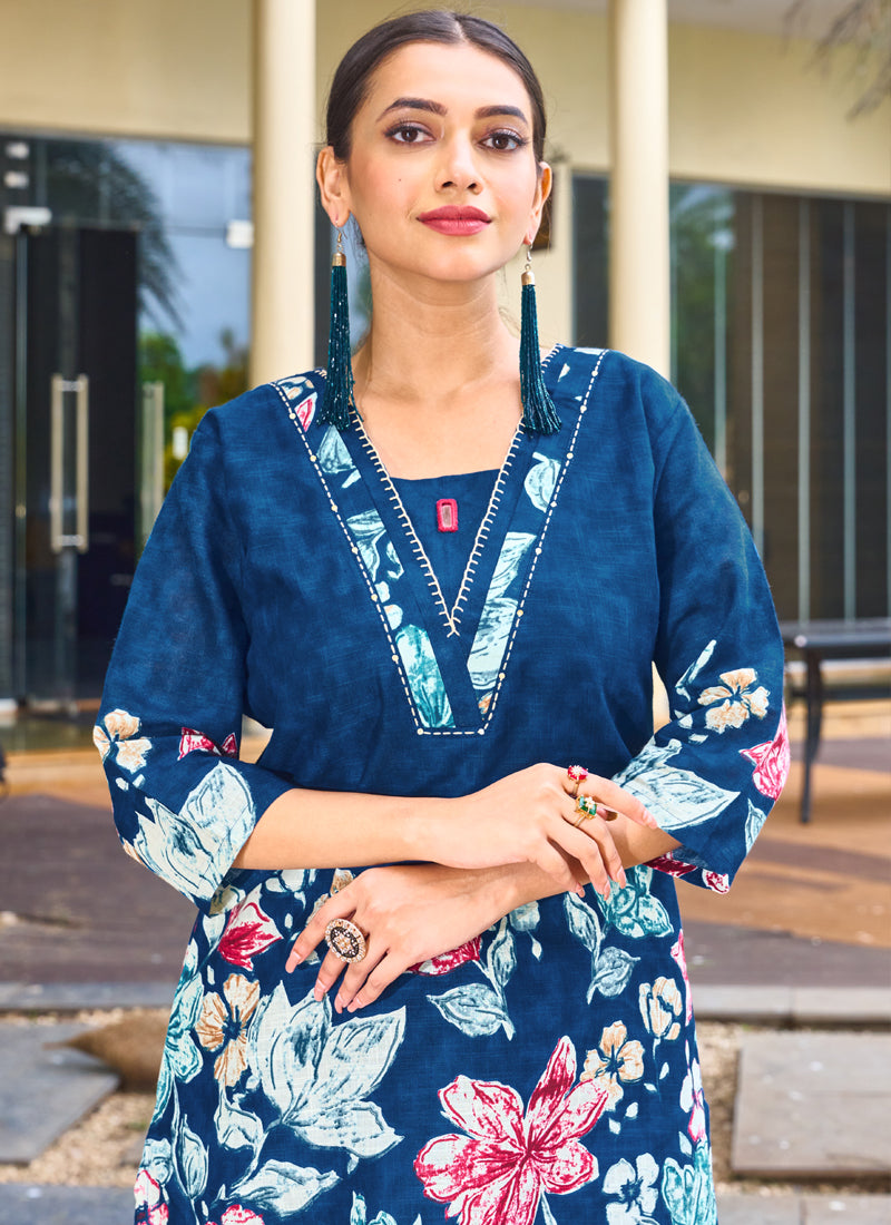 Prazu Fashion Blue Pure Cotton Stylish Prints Co-Ords Set - Swadesiicart