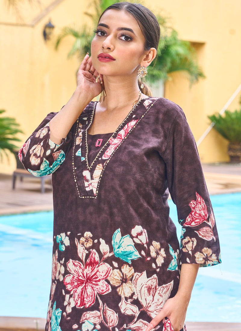 Prazu Fashion Coffee Pure Cotton Stylish Prints Co-Ords Set - Swadesiicart