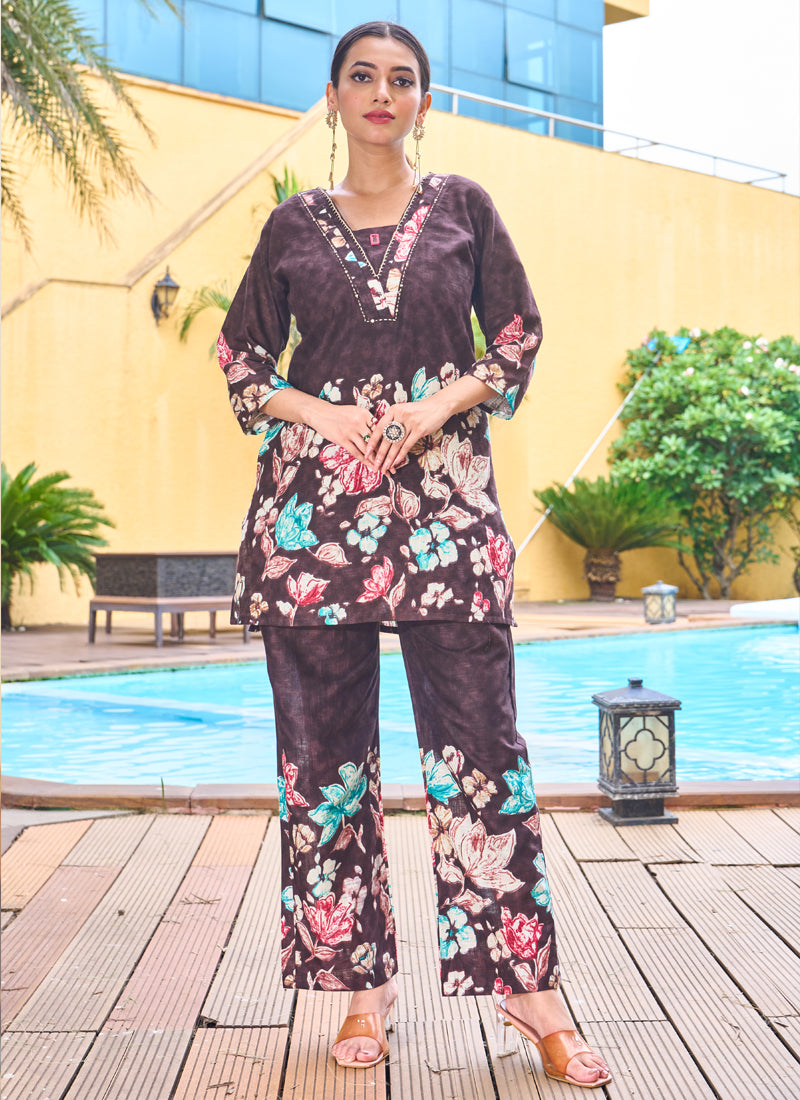 Prazu Fashion Coffee Pure Cotton Stylish Prints Co-Ords Set - Swadesiicart