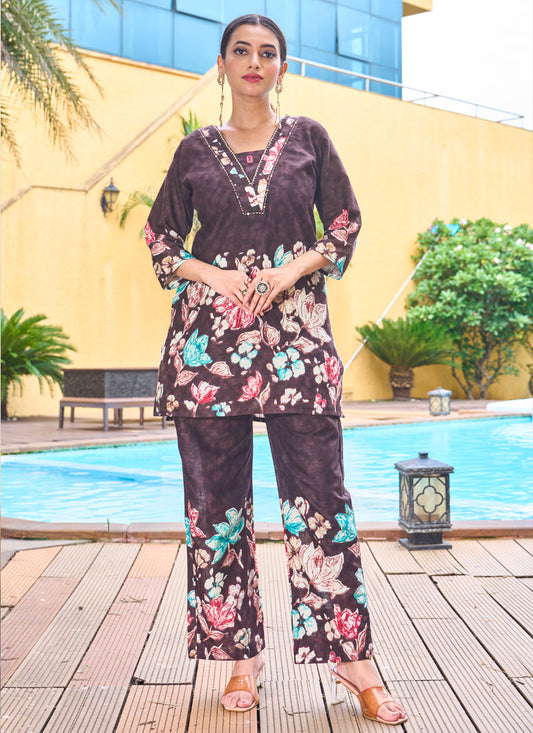 Prazu Fashion Coffee Pure Cotton Stylish Prints Co-Ords Set - Swadesiicart