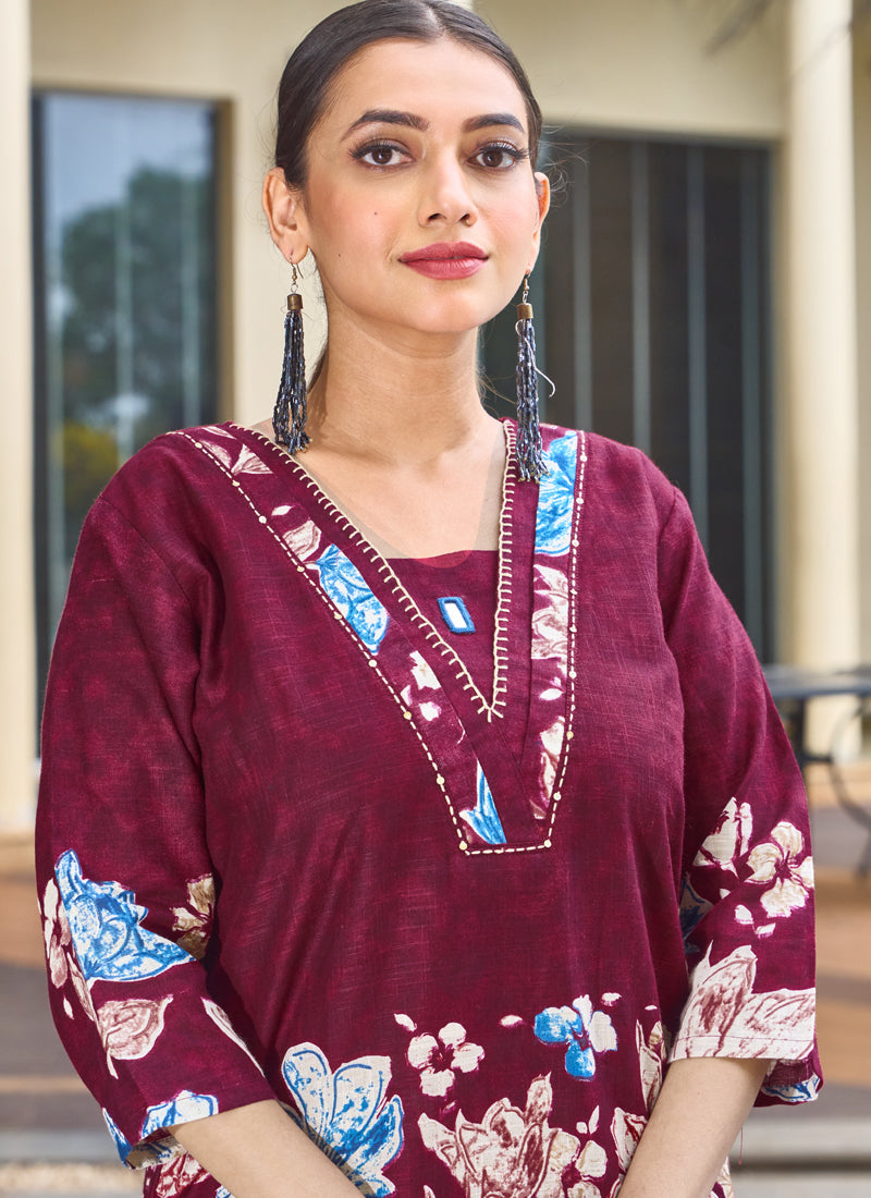 Prazu Fashion Maroon Pure Cotton Stylish Prints Co-Ords Set - Swadesiicart