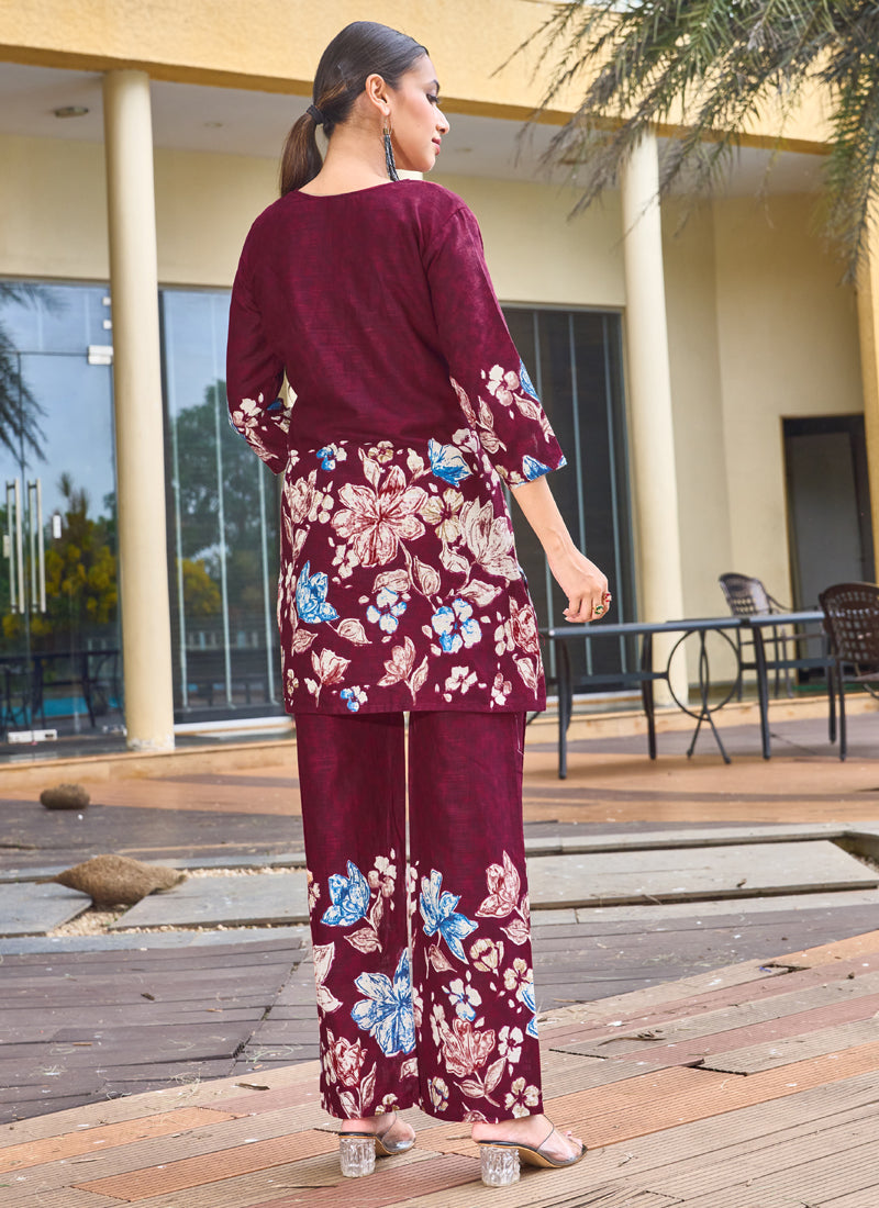 Prazu Fashion Maroon Pure Cotton Stylish Prints Co-Ords Set - Swadesiicart