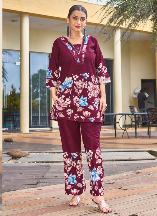 Prazu Fashion Maroon Pure Cotton Stylish Prints Co-Ords Set - Swadesiicart
