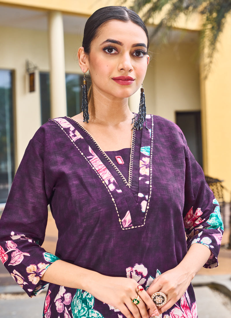 Prazu Fashion Purple Pure Cotton Stylish Prints Co-Ords Set - Swadesiicart