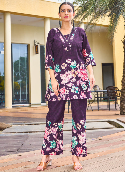 Prazu Fashion Purple Pure Cotton Stylish Prints Co-Ords Set - Swadesiicart