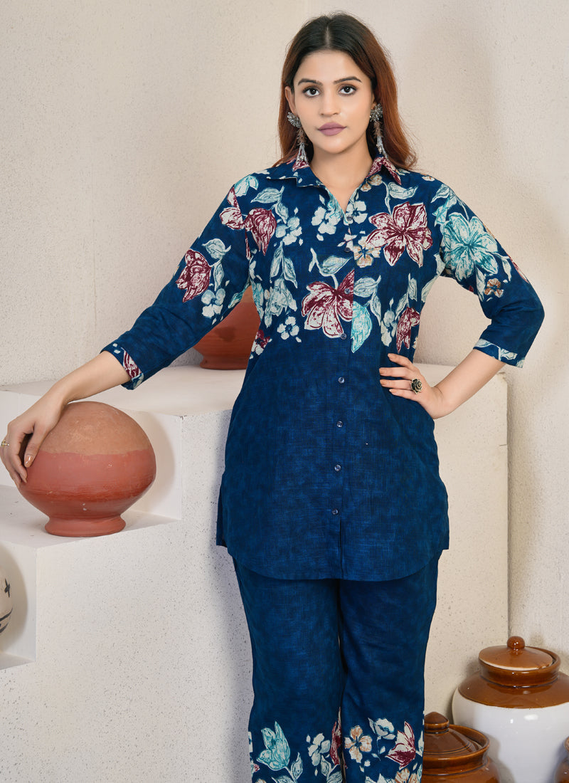 Prazu Fashion Blue Pure Cotton Stylish Prints Co-Ords Set - Swadesiicart